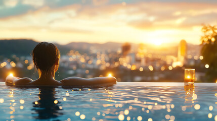 Relaxing evening by the pool at sunset.