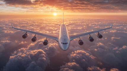 Airplane in golden sunrise skies, gliding over fluffy clouds, ideal for travel, adventure, or aviation-themed website backgrounds and headers