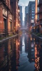 Fototapeta premium A city's water supply contaminated by human waste, polluted water, waterlogged buildings