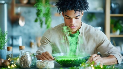 A man brewing a green magical potion in a modern kitchen surrounded by herbs, jars, and glowing mist, creating an enchanting scene.