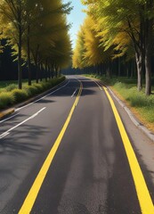 Fototapeta premium A winding asphalt road with yellow and black striped curb borders and trees on both sides , nature, tree, curb