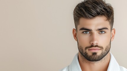 Ultra-realistic portrait of a calm man in a jiu jitsu kimono, wrapped in a smooth white scarf. The soft background of beige tones and soft lighting highlight his elegant features and smooth 