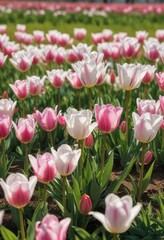 White and pink tulips in full bloom in a sunny meadow, blossoms, serene