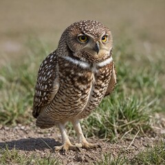 Obraz premium A burrowing owl standing on one leg, gazing directly at the viewer, white background.