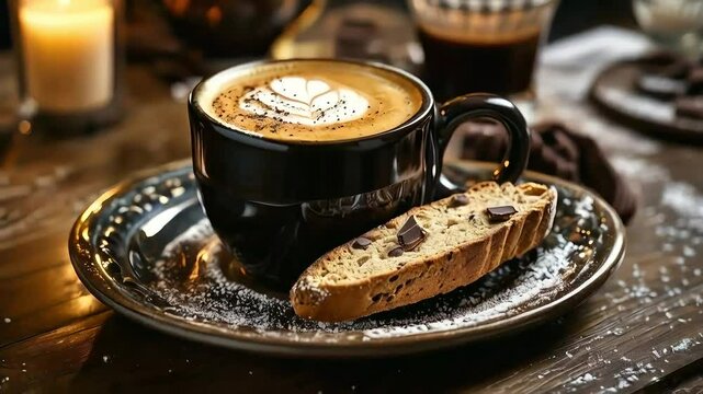 Cappuccino with biscotti and chocolate on dark rustic table.