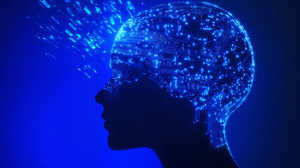 Obraz premium Abstract glowing female face in digital blue light, artificial intelligence and tech innovation background header or website banner
