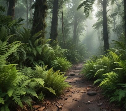 A forest floor dominated by ferns and other non-woody plants in Borneo Forest , Barito Timur, trees