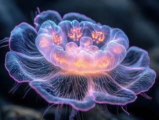 Obraz premium Floating iridescent aquatic flower with jellyfish underwater scene high fidelity imagery ethereal environment close-up view nature's beauty