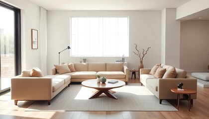 A modern living room with a large window, beige sofas, a round coffee table, and a wooden side table with a lamp.