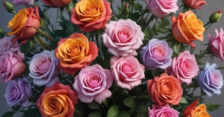 Naklejka premium Whimsical and colorful painting like roses in a unique bouquet , texture, painting