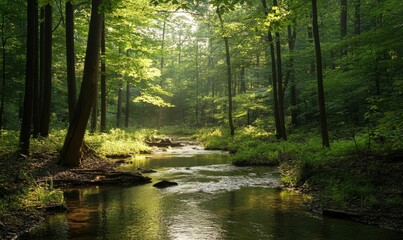 Obraz premium Sunlit stream flows through verdant forest.