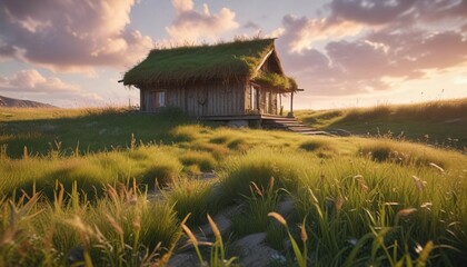 A blurred landscape of blady grass and a distant natural roof creates a dreamy atmosphere, , soothing ambiance