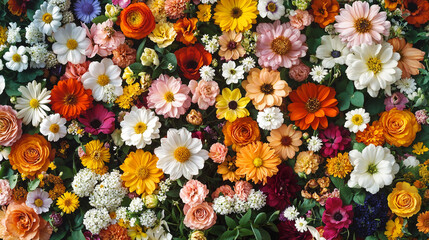 Lush assortment of vibrant flowers in a stunning display, cheerful botanical background header or website banner