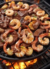 Fototapeta premium Sizzling hot plate of grilled beef and shrimp sizzling on the grill , seafood delight, gourmet food