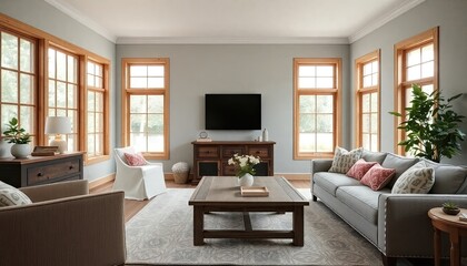 A spacious and well-furnished living room with large windows, a flat-screen TV, a wooden coffee table, and comfortable seating arrangements.