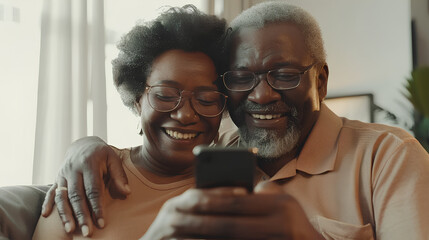 Smiling senior couple using a smartphone at home