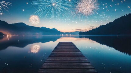 wooden dock extends into tranquil lake under sky filled with vibrant fireworks, creating serene and festive atmosphere. reflection of fireworks on water adds to beauty of scene