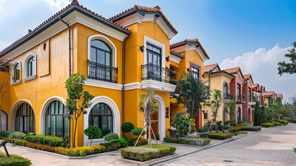 Obraz premium Colorful Residential Homes with Lush Landscaping and Clear Blue Sky