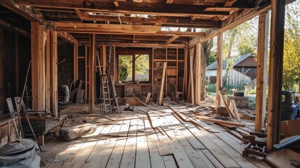 Fototapeta premium A partially constructed wooden house, with exposed beams and tools scattered around the foundation