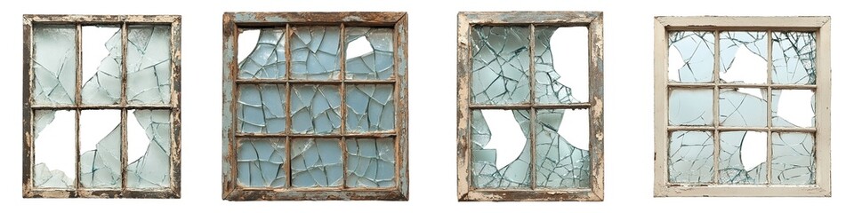 Aged Wooden Window Frame with Peeling Paint and Shattered Glass on Transparent Background