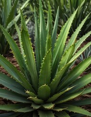 A large aloe vera leaf with prominent ridges and furrows, succulent, furrowed