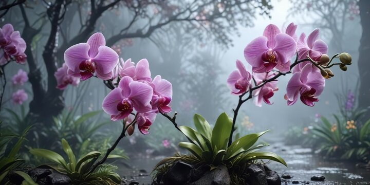 Blooming orchids in a misty or foggy environment, quadripunctata, foggy landscape, foliage