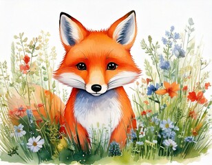 Whimsical watercolor fox in a meadow surrounded by wildflowers