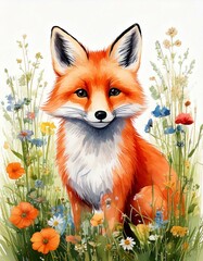 Whimsical watercolor fox in a meadow surrounded by wildflowers