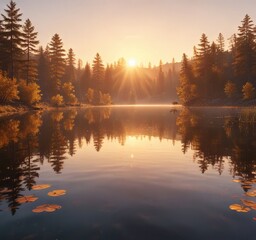 Obraz premium A serene lake at dawn with soft focus and golden reflections, serene mood, calm water