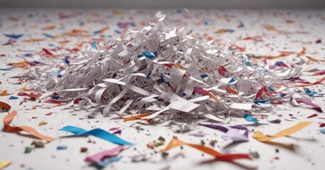 Naklejka premium Shredded paper scattered on a plain background, workspace clutter, workspace disorder