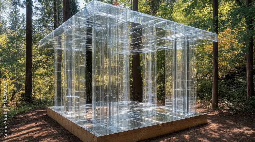 Poster a pavilion made of transparent acrylic panels, with an open design that merges seamlessly with the s