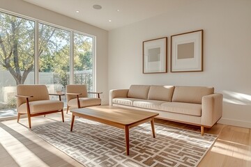 Fototapeta premium Minimalist, mid century modern interior design of the living room with walls hanging with art frames and sofas and wooden tables. Generative AI 
