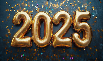 Golden balloons spelling out 2025 surrounded by confetti create festive atmosphere for New Year celebrations