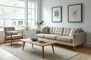 Fototapeta premium Minimalist, mid century modern interior design of the living room with walls hanging with art frames and sofas and wooden tables. Generative AI 