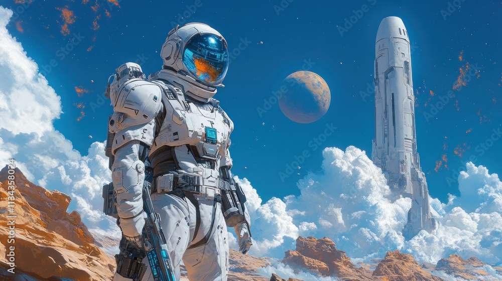 Poster astronaut on alien landscape with rocket and planet backdrop