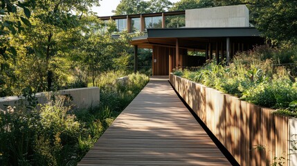 Obraz premium A pedestrian bridge made of locally sourced timber, with integrated planters that support native vegetation