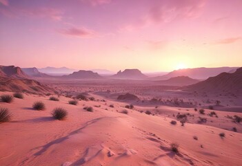 Naklejka premium Desert landscape at dawn with soft pink hues over the horizon, natural wonder, golden hour
