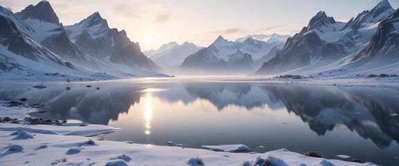 A misty dawn breaking over a vast expanse of snow-covered mountains and frozen lakes, serene landscape, Alaskan landscape