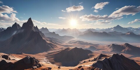 Naklejka premium Rocky mountain range stretches as far as the eye can see under a partly cloudy blue sky with the sun shining through, serene, expansive