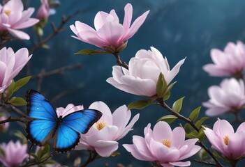 single magnolia blossom with a blue butterfly resting on its petals, beautiful insects, garden details, blue butterfly on magnolia