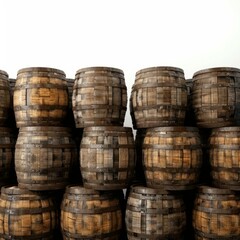 Fototapeta premium Wine cellar storing many wooden barrels stacked on top of each other, representing winemaking, aging, and storage