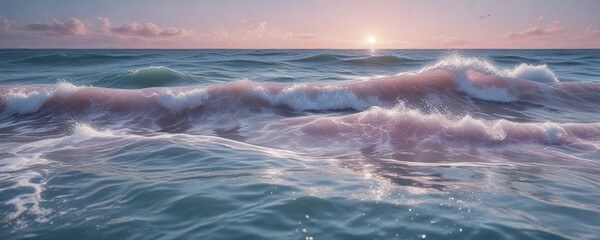 Fototapeta premium Soft pink waves on a serene blue ocean background with scattered white dots, white dots, tranquility, abstract background