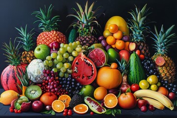 A rich collection of fruits such as pineapples, watermelons, oranges, and grapes is artistically arranged against a dark backdrop, showcasing their vivid colors and textures.