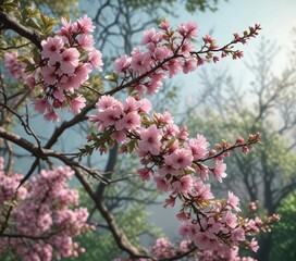 Tree branches with delicate pink flowers and silvery-green leaves, Lenkoran acacia, flower details
