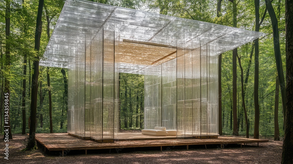 Poster a pavilion made of transparent acrylic panels, with an open design that merges seamlessly with the s