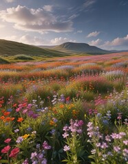 Fototapeta premium A landscape of a field with wildflowers swaying in the wind , landscape, wildflowers