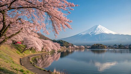 Tranquil Lake with Cherry Blossoms and Snow-Capped Mountain V2