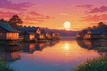 Fototapeta premium A peaceful lakeside village glowing in warm sunset hues, orange-pink sky reflections, traditional homes, in anime style