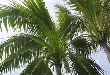 Obraz premium Palm tree, coconuts, tropical foliage, upward perspective, clear sky