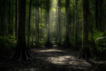 Obraz premium Sunbeams illuminate a path through a dense, lush forest with large trees and exposed roots.